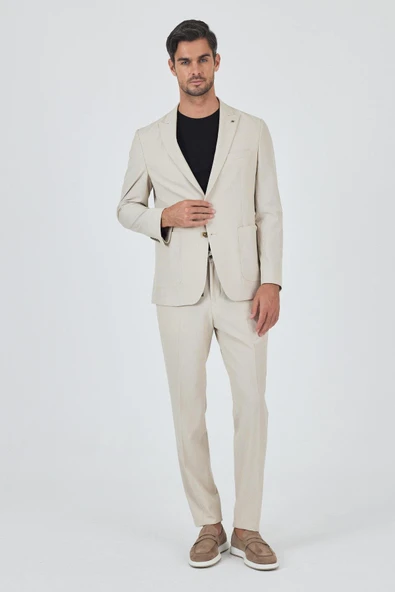 Bej Kırlangıç Yaka Çizgili Beli Lastikli 6 Drop Slim Fit Esnek Takım Elbise 1001250100 ürün görseli 1