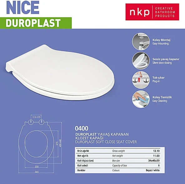 NKP Nice Duroplast Yavaş Kapanan Klozet Kapağı Metal Menteşe Üstten Sıkmalı ürün görseli 1