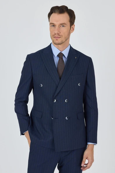 Lacivert Kırlangıç Yaka Çizgili Kruvaze 6 Drop Slim Fit Tam Astar Esnek Takım Elbise 1001250173 ürün görseli 1