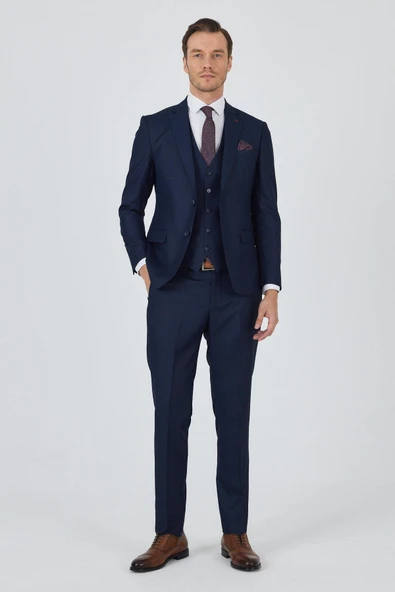 Lacivert Mono Yaka Yelekli 6 Drop Slim Fit Tam Astar Takım Elbise 1001250171 ürün görseli 1