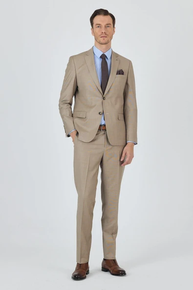 Bej Mono Yaka 6 Drop Slim Fit Tam Astar Yünlü Takım Elbise 1001250175 ürün görseli 1