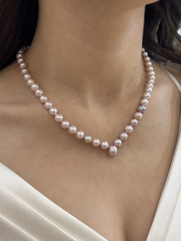 7,5 mm Pembe Damla İnci Kolye - Resim 5