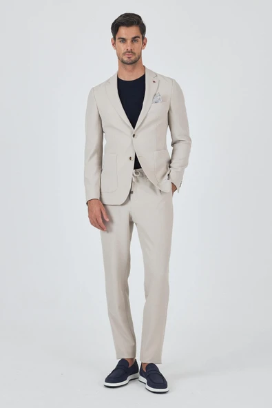 Bej Mono Yaka 6 Drop Slim Fit Esnek Beli Lastikli Takım Elbise 1001250174 ürün görseli 1