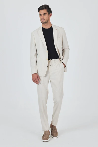 Bej Mono Yaka Çizgili 6 Drop Slim Fit Esnek Takım Elbise 1001250117 ürün görseli 1