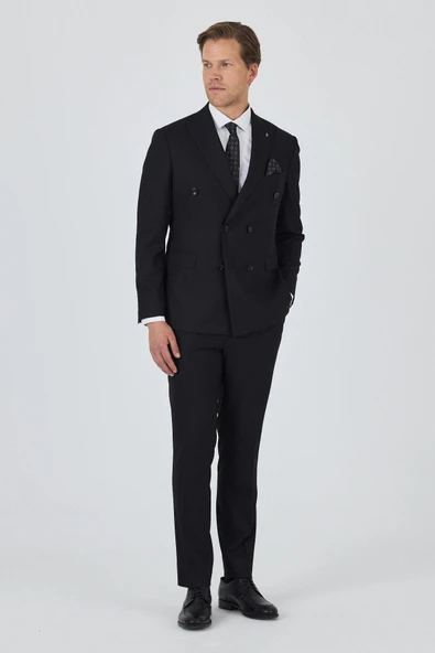 Siyah Kırlangıç Yaka Kruvaze 6 Drop Slim Fit Tam Astar Esnek Takım Elbise 1001250172 ürün görseli 1