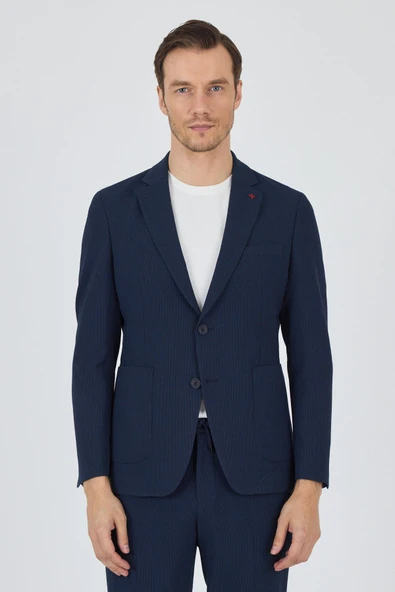 Lacivert Mono Yaka Çizgili 6 Drop Slim Fit Esnek Takım Elbise 1001250117 ürün görseli 1