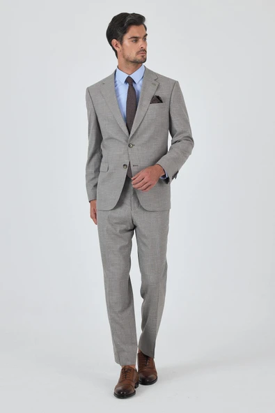 Bej Mono Yaka Ekoseli 4 Drop Comfort Fit Tam Astar Esnek Takım Elbise 1001250159 ürün görseli 1