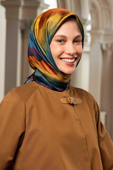 Armine Sura İpek Eşarp 9212-S35 Mor, Lacivert, Taba, Hardal Sarı ürün görseli 1