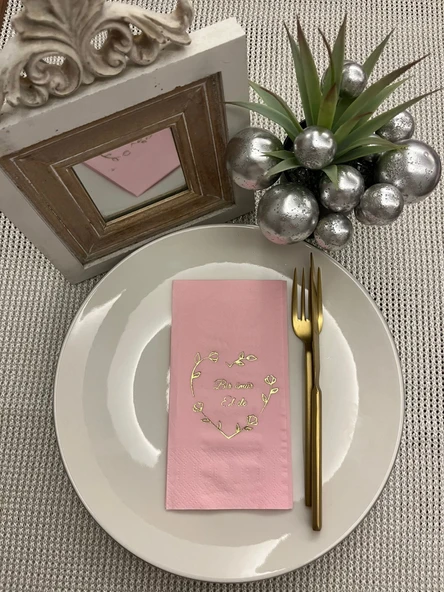 Gold Yaldızlı Pembe Bir Ömür El Ele Peçete 16 Adet ürün görseli 1