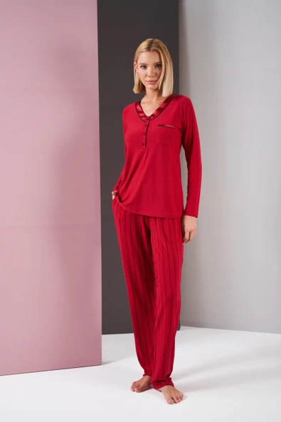 Pjs 26001 Kadın Saten Düğmeli Yaka Cepli Uzun Kollu Pijama Takım ürün görseli 1