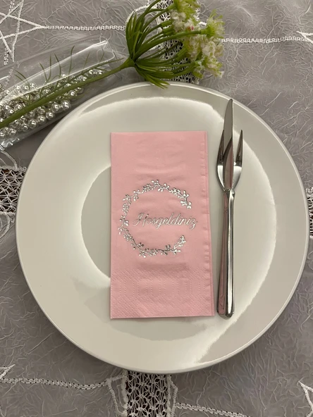 Gümüş Yaldızlı Pembe Hoşgeldiniz Garson Peçete 16 Adet ürün görseli 1
