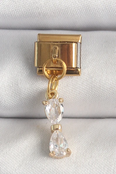 316L Çelik Gold Renk Sallantı Zirkon Taşlı Kurdele Model Nomination Charm TJ-BC1351 ürün görseli 1