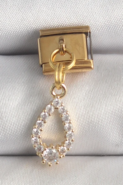 316L Çelik Gold Renk Sallantı Zirkon Taşlı Damla Model Nomination Charm TJ-BC1372 ürün görseli 1