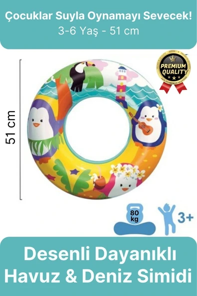 Premium Dayanıklı Güvenli 80 Kg 51 Cm Çocuk Eğlenceli Hayvanlar Desenli Deniz Havuz Yüzme Simidi ürün görseli 1