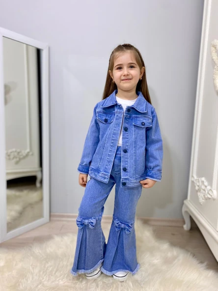MODAVALS FİYONK DETAYLI İSPANYOL PAÇA KOT PANTOLON & KOT CEKET & BADİ KIZ ÇOCUK KOMBİN ürün görseli 1