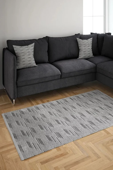 Açık Gri Siyah Cizgili Makinada Yıkana Bilir Şönil Kilim Kaymaz Taban Makina Halısı ürün görseli 1