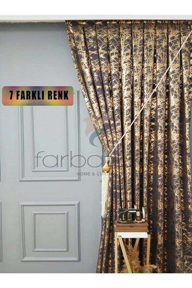 Füme Gri Gold Varak Parlak Bağcıklı Opart Kumaş 3Kat Pileli Fon Perde ürün görseli 1