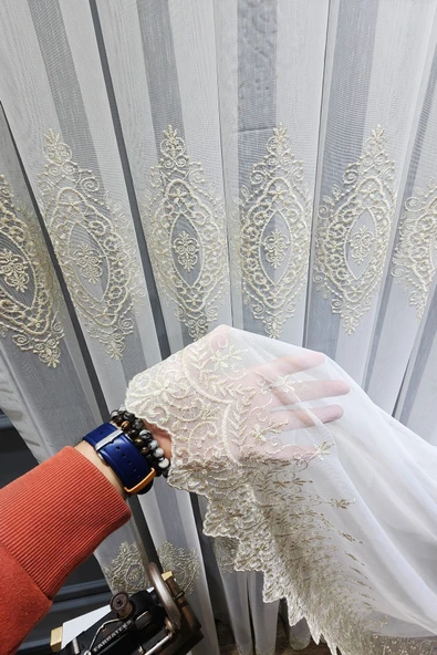 Gold Altın Orta İstanbul Damask  İşlemeli Salon Model Tasarım 3Kat Pileli Tül perde ürün görseli 1