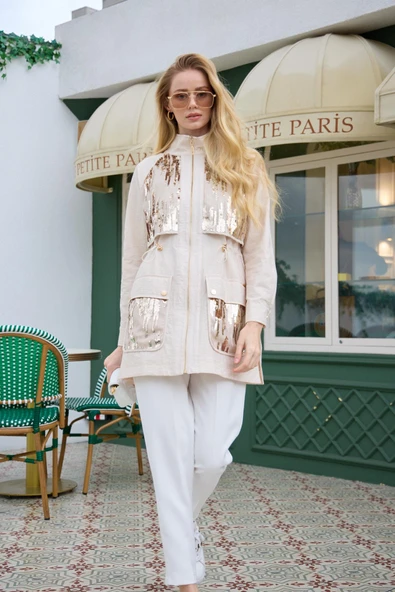 GOLD PAYET DETAYLI CUPRA TRENCH - Resim 2