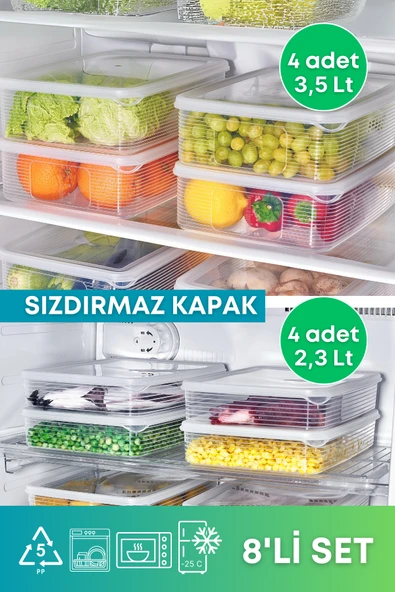 8'li Set 2,3 LT ve 3,5 LT Sızdırmaz Derin Dondurucu Buzluk Saklama Kabı Seti Şeffaf ürün görseli 1