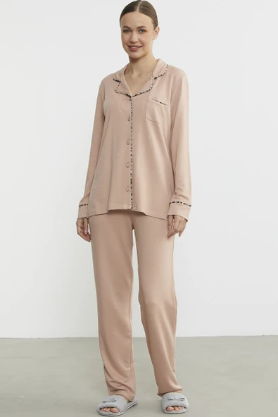 Düz Renk Gömlek Model Pijama Takım - Somon ürün görseli 1