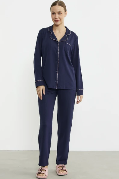 Düz Renk Gömlek Model Pijama Takım - Lacivert ürün görseli 1