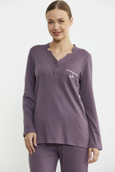 Yarım Düğmeli Cep Detaylı Pijama Takım - Mor ürün görseli 1