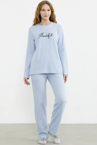 Fitilli Kalın Sıfır Yaka Pijama Takım - Mavi ürün görseli 1
