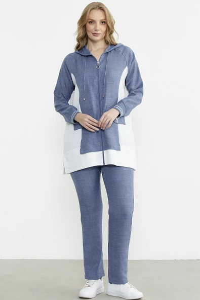 Keten Görünümlü Kapüşonlu Tunik Takım - Indigo ürün görseli 1