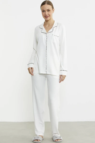 Düz Renk Gömlek Model Pijama Takım - Kemik ürün görseli 1