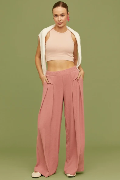 Volanlı Bol Kesim Krep Pantolon - Pembe ürün görseli 1