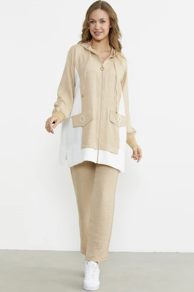 Keten Görünümlü Kapüşonlu Tunik Takım - Taş ürün görseli 1