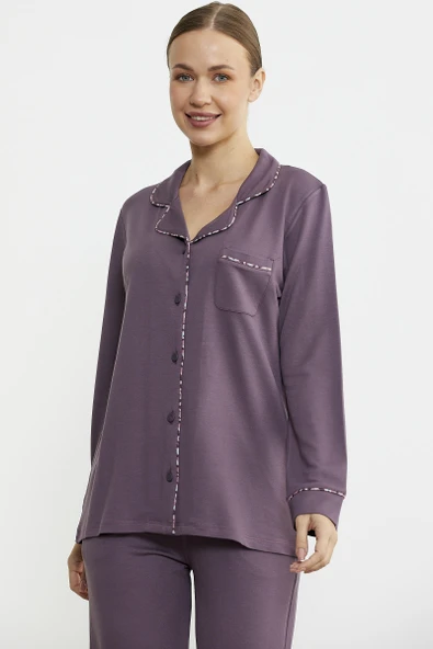 Düz Renk Gömlek Model Pijama Takım - Mor ürün görseli 1