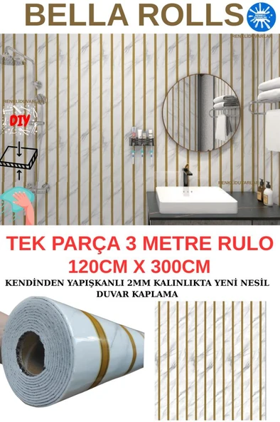 120cmx300cm Tek Parça Yapışkanlı Rulo Gold Çizgili Mermer Desenli Duvar Paneli Kağıdı QM0136 ürün görseli 1