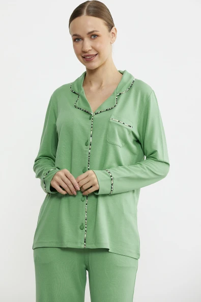 Düz Renk Gömlek Model Pijama Takım - Yeşil ürün görseli 1