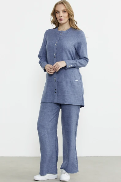 Keten Görünümlü Gömlek Pantolon Takım - Indigo ürün görseli 1