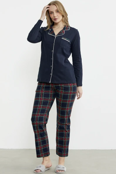 Gömlek Model Ekose Pijama Takım - Lacivert - Resim 4