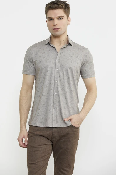 Slim Fit Baskılı Penye Gömlek - Vizon ürün görseli 1