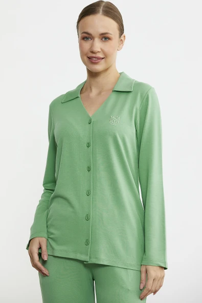 Gömlek Model Nakışlı Pijama Takım - Yeşil - Resim 2