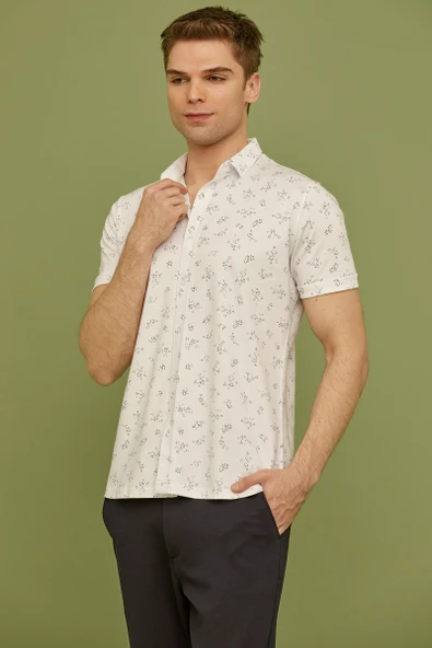 Slim Fit Baskılı Penye Gömlek - Beyaz - Resim 2