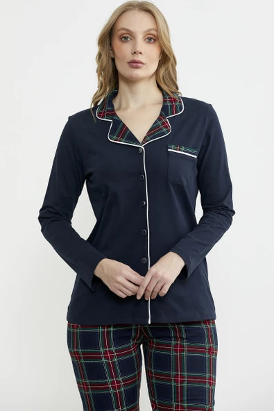 Gömlek Model Ekose Pijama Takım - Lacivert - Resim 2