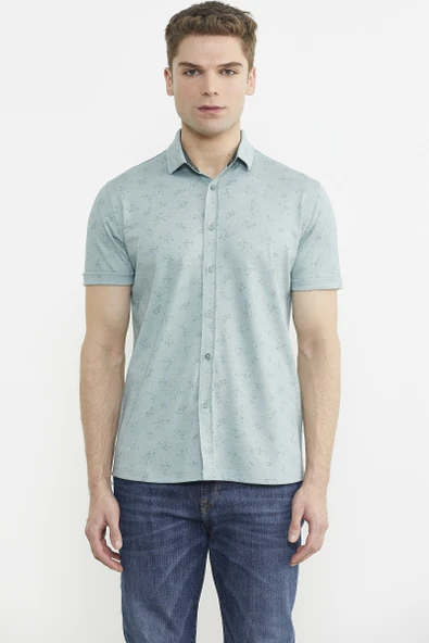 Slim Fit Baskılı Penye Gömlek - Yeşil ürün görseli 1