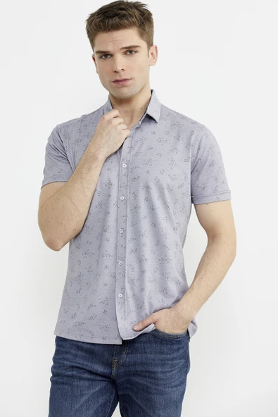 Slim Fit Baskılı Penye Gömlek - Lila - Resim 3