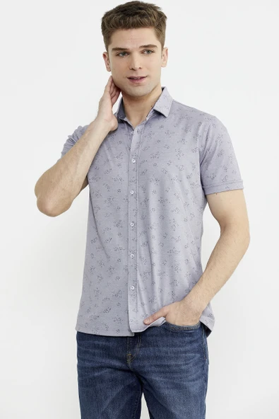 Slim Fit Baskılı Penye Gömlek - Lila - Resim 2