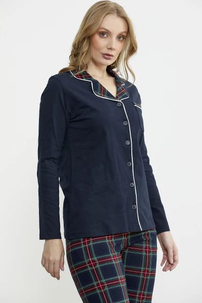Gömlek Model Ekose Pijama Takım - Lacivert - Resim 5