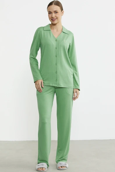 Gömlek Model Nakışlı Pijama Takım - Yeşil ürün görseli 1