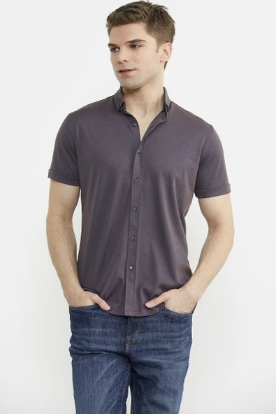 Kısa Kol Slim Fit Penye Gömlek - Mor - Resim 3