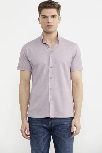 Kısa Kol Slim Fit Penye Gömlek - Açık Lila ürün görseli 1