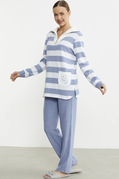 Kalın Çizgi Detaylı Pijama Takım - Mavi ürün görseli 1