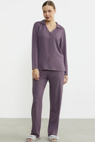 Gömlek Model Nakışlı Pijama Takım - Mor - Resim 5